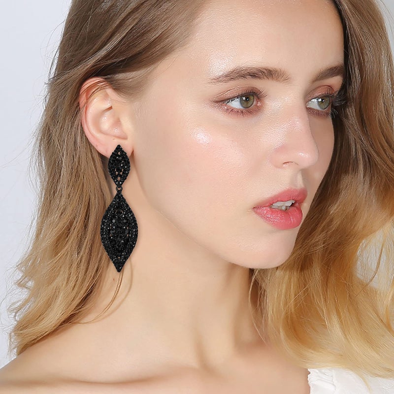 Flyonce Clip On Earrings for Women, Glitter Rhinestone Crystal Wedding Bridal Clip-on Drop Dangle Earring for Non Pierced Ears Black Black-Tone - Image 3